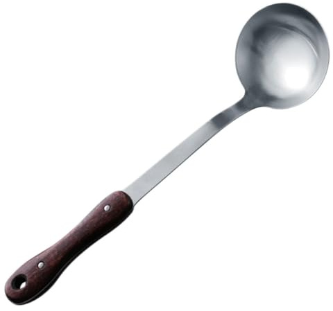 JECOMPRIS Espátula de Acero Inoxidable y Cuchara Sopera Mango de Madera, Utensilios de Cocina para Hogar, Mango Aislante Térmico, Bordes Lisos, Juego de 2 Piezas para Cocinar y Servir Sopa