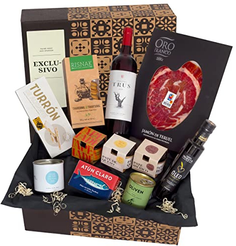 jamon.de Präsentkorb EXCLUSIVO, edle Feinkost im Geschenkkorb | Handgeschnittener Teruel-Schinken, edle Patés, Olivenöl, Flor de Sal, Thunfisch und Rotwein, Geschenk für Feinschmecker