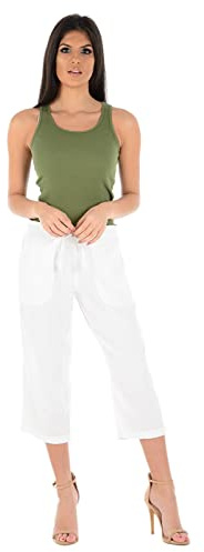 Ladies Linen 3 Three Quarter Length Trouser Womens Cropped Capri 3/4 Pants Casual Summer Holiday Relaxed Fit Shorts Comfortable Bottoms Elasticated Tie Waist Loose Plain Fitting Trousers(White,UK 14)