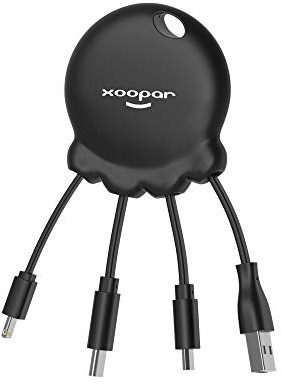 Xoopar - Octopus Booster Noir - Powerbank 1000 mAh+ câble Multi connecteurs - Hub 4 en 1 : USB C, USB et Micro USB - Câble Chargeur Universel et Batterie Externe - Format Porte-clefs | Powerbank et câble 4 en 1 au format porte-clés : USB-C, USB et Micro USB - le dépannage toujours sur vous
