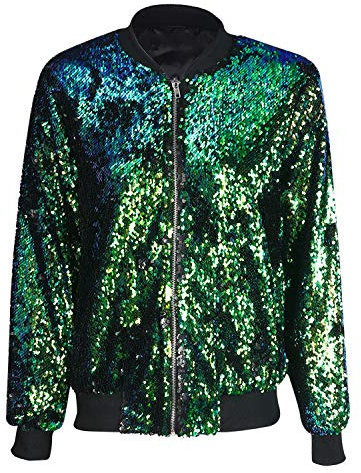 Petalum Damen Glitzer Pailletten Jacke Hiphop Langarm Bomberjacke Fliegenjacke Bikerjacke Outwear in Schwarz, Gold, Grün, Silber (Grün, EU 48-50 = Tag 3XL)