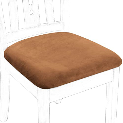 PiccoCasa Stretch Velvet Dining Chair Seat Covers with Ties 6 Pack Brown | 18 x 18L, Stretch & Removable Velvet Chair Seat Covers, Furniture Chair Protectors for Dining Rooms & Events