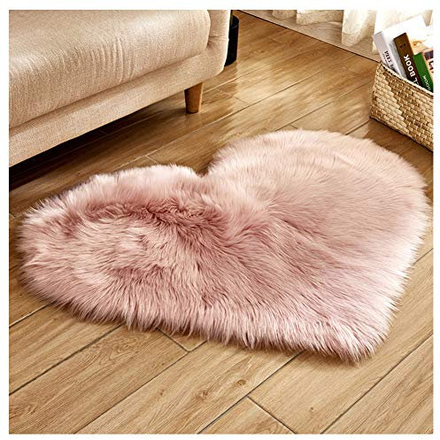 GUOCU Herzförmiger Weicher Kunstfell Teppich Pelzteppiche für Schlafzimmer Dekoration Flauschiger Bereich Teppich für Wohnzimmer Plüsch Carpet Bodenmatte Shaggy Sofa Matte,rutschfest Rosa 50x60CM