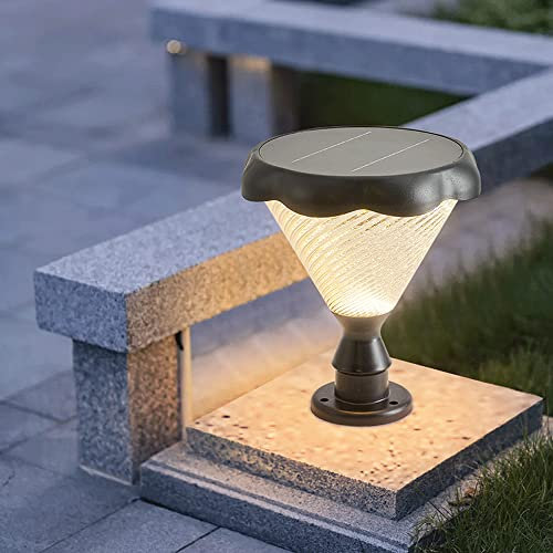 WFZRXFC Solar Outdoor wasserdichte Mastleuchten im Freien Anti-UV-Spiralwellenlampenschirm-Säulenlicht Mastlampe aus mattschwarzem Aluminiumdruckguss Hofbeleuchtung mit eingezäuntem Balkon