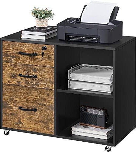 Yaheetech Rollcontainer, Aktenschrank, Büroschrank mit 5 Rollen, 3 Schubladen und 2 offenen Fächern, Industrie-Design, für Dokumente, Vintagebraun-Schwarz