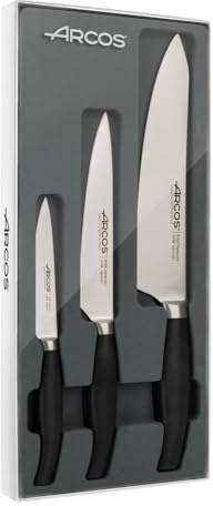Arcos Clara Juego 3 Cuchillos Forjados Acero Inoxidable Nitrum | Pelar, cocina y chef. Mango de polipropileno POM. Serie Clara. Color negro.
