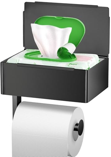 Bjiotun Toilet Paper Holder with Shelf - SUS304 Stainless Steel Toilet Paper Storage with Wipes Dispenser & Toilet Paper Roll Holder Wall Mount for Bathroom Storage, No Drill to Install - Matte Black