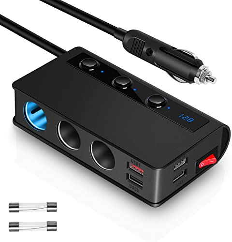 Kingwei Adaptador de Encendedor de Cigarrillos Carga Rápida, 12V/24V, 180W, Cargador de Coche con 3 enchufes, 4 Puertos de Carga USB y Voltímetro LED, para GPS, Smartphone, iPad, Dash CAM, etc