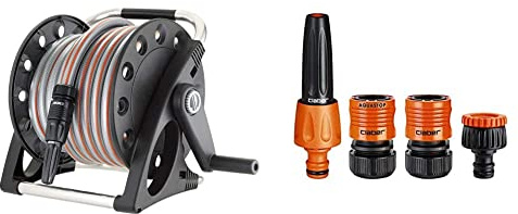 Claber Aquapony Avvolgitubo con 15 mt di Tubo e Set raccordi e Lancia & 51359 Set Lance Diritte con Raccordi, 1/2 Pollici, Nero/Arancione