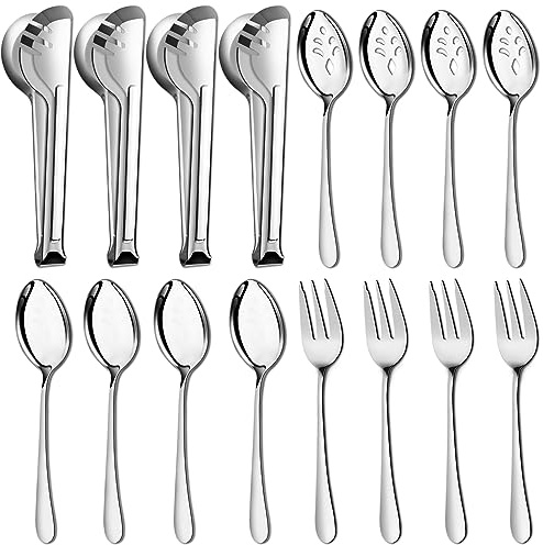 Pleafind 16 PCS Serving Utensils, Stainless Steel Serving Utensils Set with Serving Spoons, Slotted Serving Spoons, Serving Forks and Serving Tongs, Serving Utensils for Parties Buffet Banquet