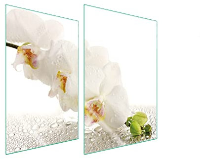 DarHaus Herdabdeckplatten 2 Teilig 35x52 cm Ceranfeldabdeckung Küche Elektroherd Induktion Herdschutz Spritzschutz Glasplatte Schneidebrett, Orchidee Weiß