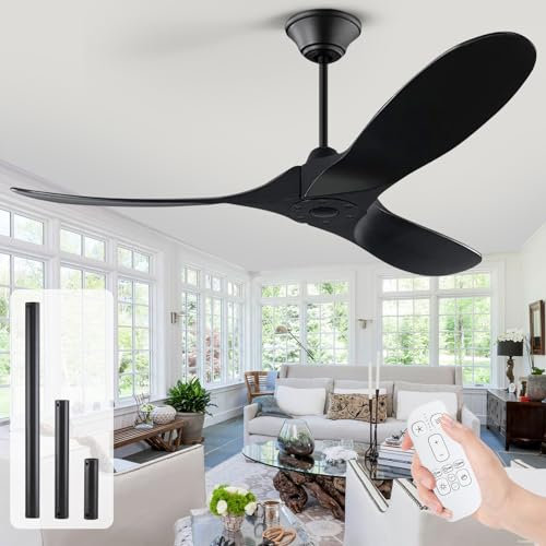 60 Inch Black Ceiling Fan with Remote, Indoor Outdoor Ceiling Fan no Light for Bedroom, Modern Wood Fan with Quiet Reversible DC Motor for Patios Porch Covered Outdoor, 6 Speeds