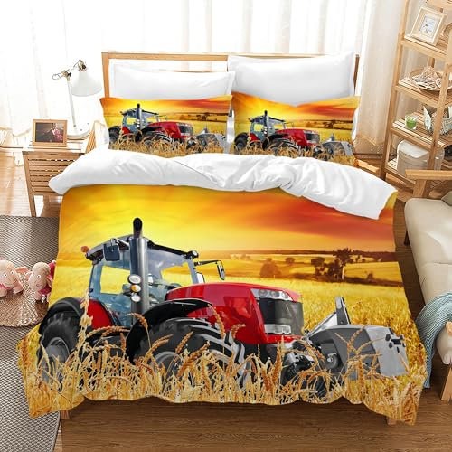LLTTEER 3D Traktor Bettwäsche Set,3-teilig Traktor kinderbettwäsche mit Reißverschluss und 2 Kissenbezug 65x65cm, Mikrofaser Bettbezüge, für Kinder Jugendliche Jungen (Tractor 04, 140 x 200 cm)