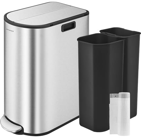 SONGMICS ULTB570E50 Cubo de basura doble de cocina de 50 litros, compartimentos de 20 y 30 litros, tapas de ala, acero inoxidable, cierre suave, cubos interiores, plateado metálico