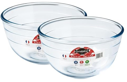 Ôcuisine® Bowl Glass Round Mixing & Prep Bowls | Extreme Resistance | Oven Safe - Freezer Safe - Microwave Safe | Borosilicate Glass | Made in France (Mixing Bowl 1LT (Pack of 2))