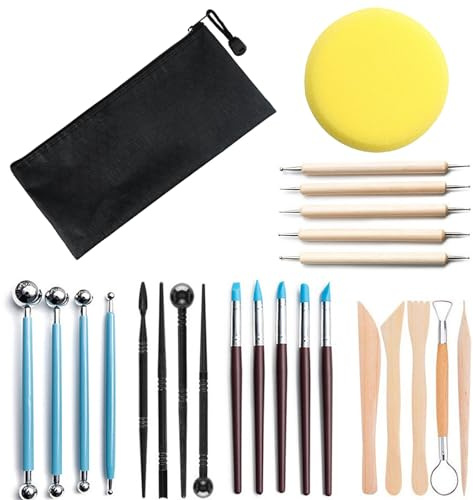SRTSTR Lot de 25 Outil Poterie Kit Outils Sculpture Outils de Modelage de l'argile Clay Tools Outil Modelage Silicone Outil Modelage en Bois Avec Sac de Rangement pour Débutants ou Professionnels