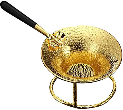 Infusor de té de malla reutilizable chino tradicional colador de té de hojas sueltas pantalla de filtro de té con base de utensilios de cocina colador de té con mango negro, tetera, hojas de té