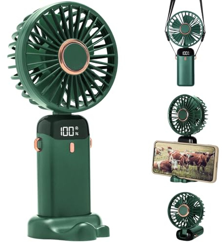 SAUGLAE Hand Held Fan, Portable USB Rechargeable Fans with 5 Speeds, Built-in 5000mAh Battery Operated Mini Foldable Desk Desktop Fans with LED Display for Home Office Bedroom Outdoor Travel (Green)