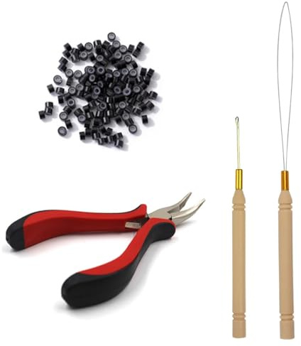 GXGM Extension capelli extension microringlli estensione dei capelli, con 1 Pinza, 1 gancio, 1 uncino per anelli und 100 Pezzi Micro Anelli per Extension Set di Strumenti di Estensione dei Capelli
