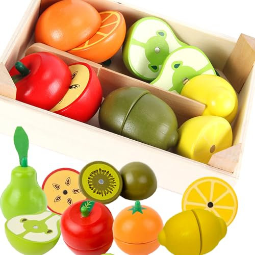 Aszaui Holz Obst und Gemüse zum Schneiden,Küchenspielzeug Schneiden Obst Gemüse Lebensmittel Kinderküche Spielküche Zubehör Holz,Kinder Geschenk Spielzeug ab 2 Jahre Junge Mädchen
