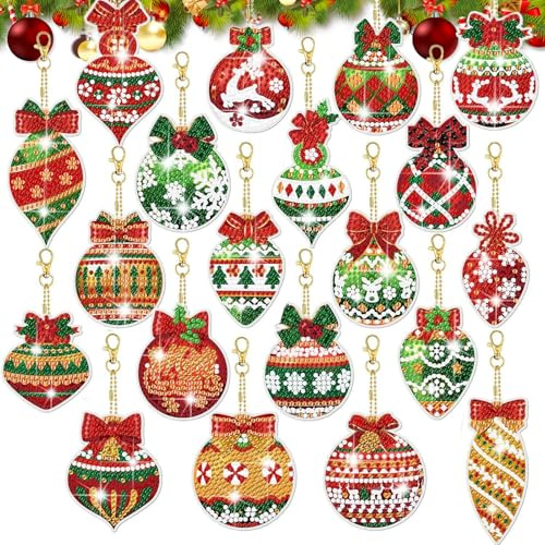 Meanju Diamond Painting Weihnachten Anhänger 20 Stück,Diamant Painting | Weihnachten,5D Weihnachtsball DiamondPainting Schlüsselanhänger,Bastelset DIY