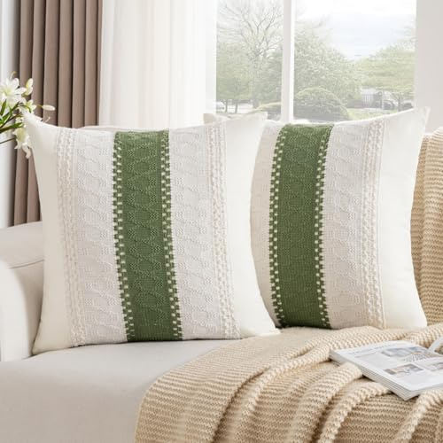 DakTou 2er Set Boho Kissenbezüge 45x45 Baumwolle Grün Dekokissen Kissenbezug Sofakissen Dekorative Kissenhülle Modern Bauernhaus Gewebt Strukturiert Zierkissenbezug für Sofa Couch Wohnzimmer