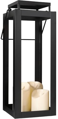 12.4 Black Metal Modern Candle Lantern – Decorative Hurricane Lantern for Indoor & Outdoor Use, Ideal for Table, Black Lantern for Mantle, Halloween, Christmas, and Wedding Decor (No Glass Panel)