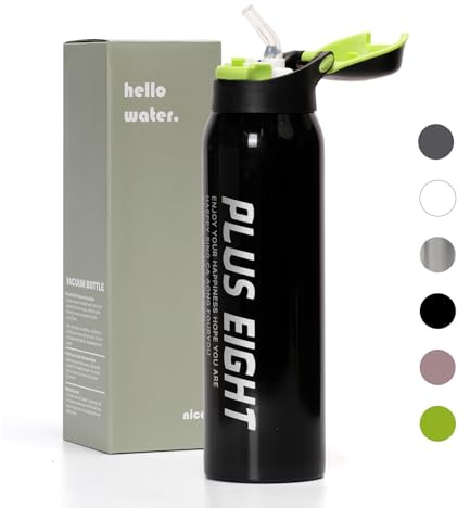 pluseight Bouteille isotherme avec paille, 500 ml, en acier inoxydable 18/8, sans BPA, réutilisable, anti-fuite, pour le sport, la salle de sport ou le bureau, garde les boissons froides pendant 24H