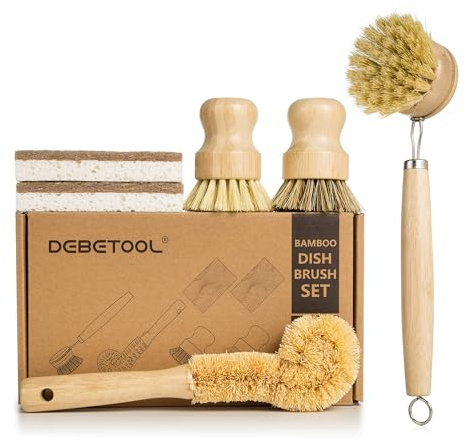 DEBETOOL 6 Piece Bamboo Dish Brush Set with Coconut Sponge - Wooden Dish Brush with Sisal and Palm Fiber, Natural Bamboo Dish Scrub Brush for Kitchen Cleaning Dishes, Pots, Pans, Bottles, Vegetables