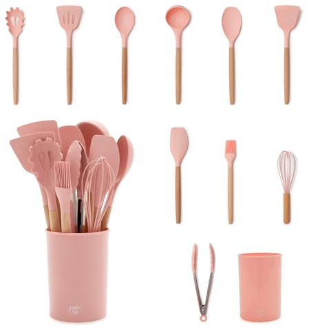 GreenLife 11 Piece Silicone Utensil Crock Set, Nonstick Kitchen Tools, Ladle, Turner, Slotted Turner, Spatula, Spoon, Spaghetti Server, Brush, Whisk, Tongs, Crock, Dusty Pink