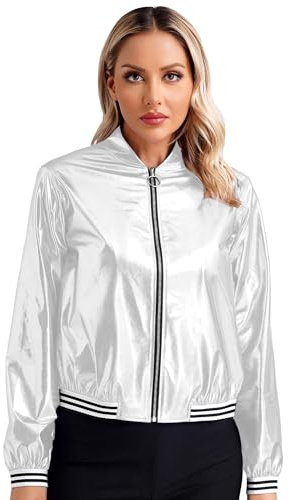 Eandarui Holographic Jacke Damen Metallic Bomberjacke Glänzend Langarm Baseballjacke Mit Reißverschluss Party Disco Kostüm