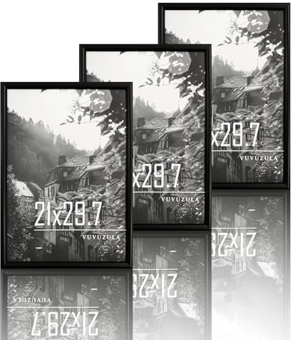 VUVUZULA Bilderrahmen A4 Schwarz Holz 21x30cm 3er Set Fotorahmen Holzrahmen MDF Rahmen DIN A4 Urkunden Posterrahmen