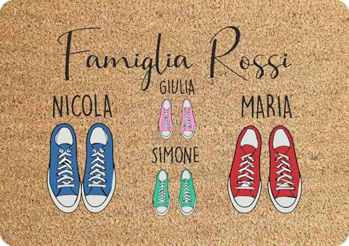 fashwork Tappeto Personalizzato con Nome Famiglia Scarpe 2 figli Zerbino in Poliestere 60x40 cm Idea Regalo