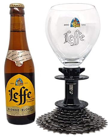 Leffe Verre à Bière sur Support en Engrenage de Vélo, Calice Unique sur Dérailleur, Design Original, Verre Leffe