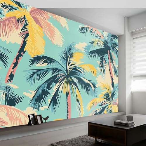 Papel tapiz 200 x 140 cm De Pared Sala Cuarto Oficina Salón Póster vintage Planta Hojas de palma tema Papel pintado no tejido Verde Fotomural panorámico limpiable - Mural de papel pintado