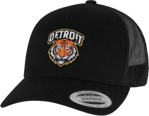 Mister Tee herr keps Detroit Tiger Head Patch 5-panel retro truckerkeps, herr keps med främre broderi och snapback stängning, en storlek, svart, one size