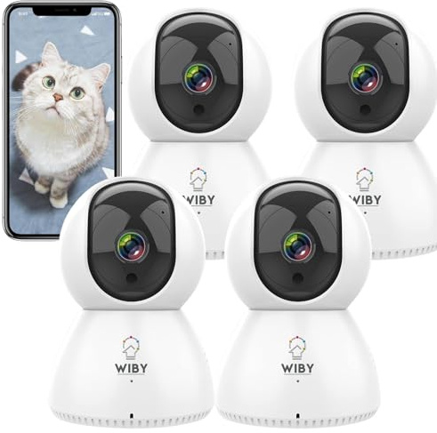 Wiby Telecamera di Sorveglianza Interna 1080P Wifi 2.4/5GHz, PTZ 355°/90°, Visione Notturna IR 9m, Rilevamento Movimento, Audio Bidirezionale, Compatibile con Alexa e Google Home, 4 unità