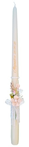 Vela de Bautizo Cónica Personalizada Decorada con Flores, Salmón | Flores Salmón, Cinta de Encaje, Perlas, Diseño Cónico