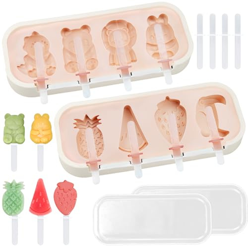 DGMI Eisformen Silikon Formen, Stieleisformen, 2 Stück Eisformen mit 12 Sticks, BPA Frei Kuchen Eis am Stiel Backform, Popsicle Molds Set, Tier und Fruchtmotive Formen für Kinder und Erwachsene