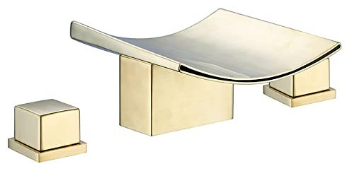 JYBNBBE Rubinetto, Rubinetto per lavabo da Bagno, Rubinetto a Cascata per Bagno, Miscelatore per lavabo in Ottone, Rubinetto per lavabo da appoggio, Doppia Maniglia, 3 Fori, Oro,Brushed Gold
