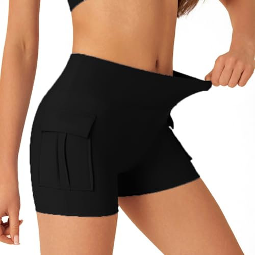 Generisch Kurze Leggins Damen Schwarz, einfarbig, mit Taschen, Fitness-Sport-Shorts, hohe Taille, Hüftlifting-Yogahose Kompression Leggings Damen Lipödem (Black, S)