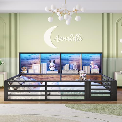 Bodenbett 140x200 mit LED-Beleuchtung, Kinderbett mit Stauraumfach und Rausfallschutz aus Metall inkl. Lattenrost und Tür,Montessori Bett Gitterbett Kinder Jugendbett Doppelbett,Ohne Matratze,Schwarz