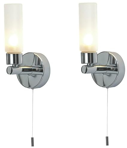 Set of 2 Polished Chrome IP44 Bathroom Wall Light Pull Cord Switch