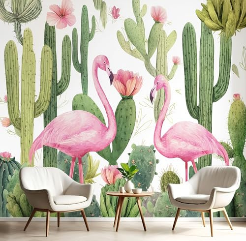 GSAEIMCT Cactus Flamingo Murals Pink Green 3D Watercolor Animals Wallpaper Mural Photo Wall Art Bedroom Wallpaper Tv Background for Living Room Bedroom Hallway Feature Walls Decoration,150X105Cm