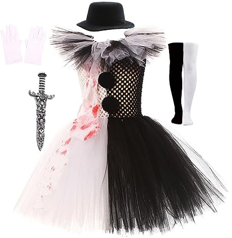 FeMereina Déguisement Anime Terrifier Cosplay Robe Moelleuse avec Chaussettes Fille Art Costume de Clown Terrifier Jupe Tutu Ensemble de Costume d'Halloween pour Fille (Noir Blanc, M)