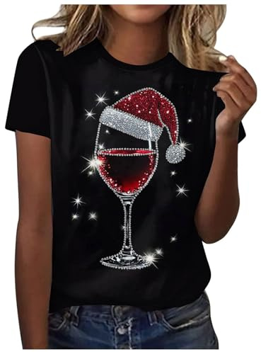 Snakell Womens Christmas T Shirts Ladies Xmas t-Shirts Novelty Funny Holiday Tshirts Snowflake Santa Print Short Sleeves Casual Tunic Christmas Tops Loose Crewneck Xmas Blouse Graphic Tees Gifts (L)