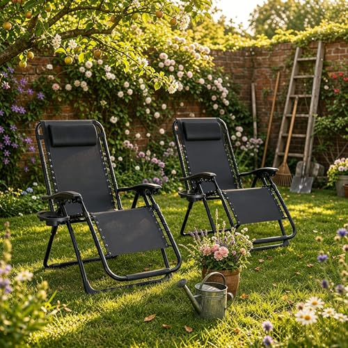 Gotland 2026 Zero Gravity Liegestuhl Garten Chairs, 2er-Set Relaxliege Garten mit Getränkehalter, verstellbarem Kissen & Seitentablett, Verstellbarer Klapp-Sonnenliege für Außen, Gartenliegestuhl