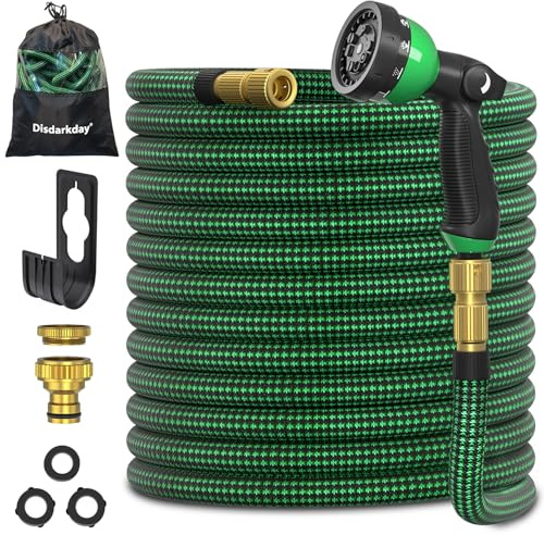 Tubo da Giardino Estensibile 15m, Disdarkday Canna dell'Acqua Allungabile Antigroviglio in Lattice a 3 Strati e Tessuto 3750D, con Pistola 10 Funzioni e Raccordi Metallo, Verde