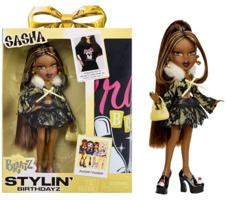 Bratz Stylin’ Birthdayz Fashion Doll - Sasha with Adult Unisex XL T-Shirt | Yellow Party Outfit, Cupcake Shoes, Bratz Bowl Graphic T-Shirt, Birthday-Themed Packaging, Stylin’ Birthdayz Collection