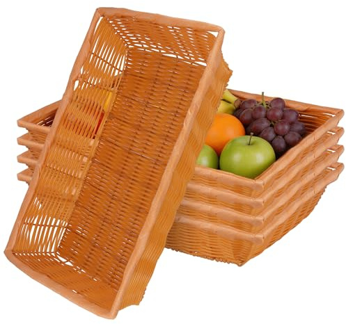 MUKSUET Lot de 5 grands corbeilles à pain tressées - 40 x 30 x 8 cm - Rectangulaire - En plastique - Panier à pain tressé avec aspect rotin - Pour légumes, pain, fruits